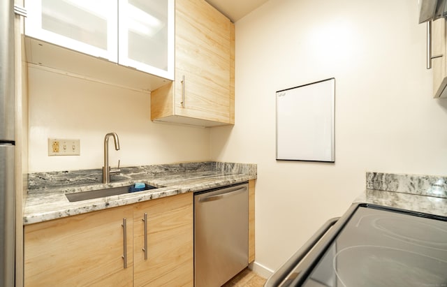 3 France St Unit B, Norwalk, CT 06851 - kitchen featuring stainless steel dishwasher, light brown cabinetry, electric range oven, and glass insert cabinets