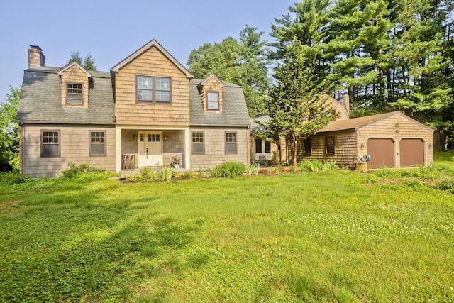 317 Turnpike Rd, Somers, CT 06071 - view of front of property featuring a chimney, a garage, a front lawn, and roof with shingles