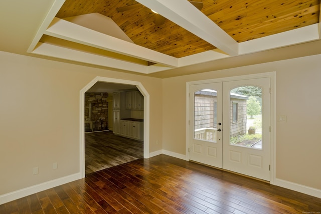 317 Turnpike Rd, Somers, CT 06071 - foyer entrance featuring arched walkways, french doors, hardwood / wood-style flooring, wooden ceiling, and vaulted ceiling