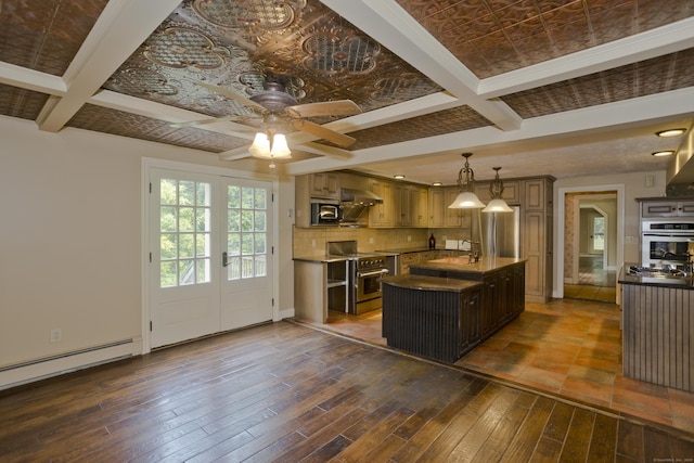 317 Turnpike Rd, Somers, CT 06071 - kitchen featuring stainless steel appliances, coffered ceiling, a ceiling fan, beamed ceiling, and a center island with sink