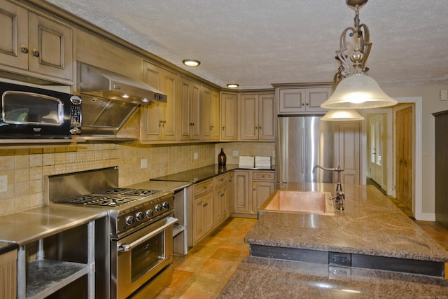 317 Turnpike Rd, Somers, CT 06071 - kitchen featuring appliances with stainless steel finishes, tasteful backsplash, pendant lighting, light stone counters, and a textured ceiling