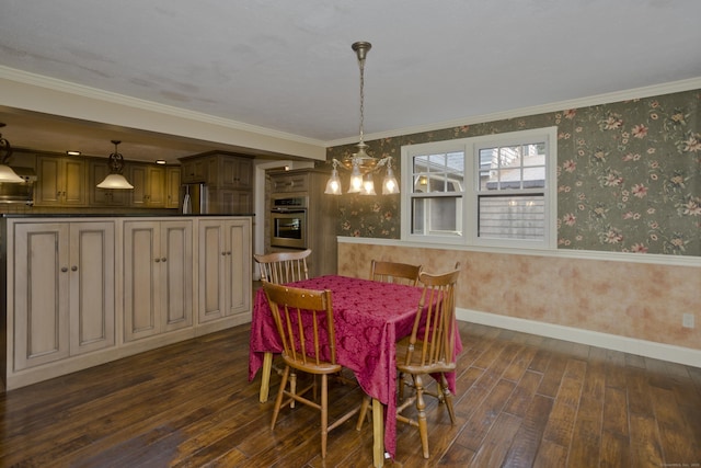 317 Turnpike Rd, Somers, CT 06071 - dining area featuring dark wood-style flooring, a chandelier, wallpapered walls, and crown molding