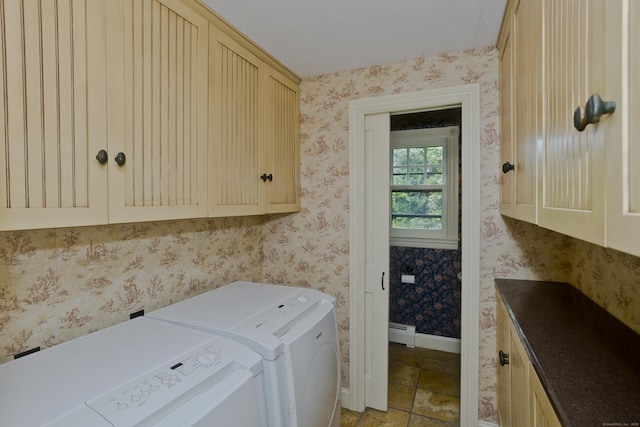 317 Turnpike Rd, Somers, CT 06071 - washroom featuring cabinet space, washing machine and dryer, wallpapered walls, baseboard heating, and light stone finish flooring