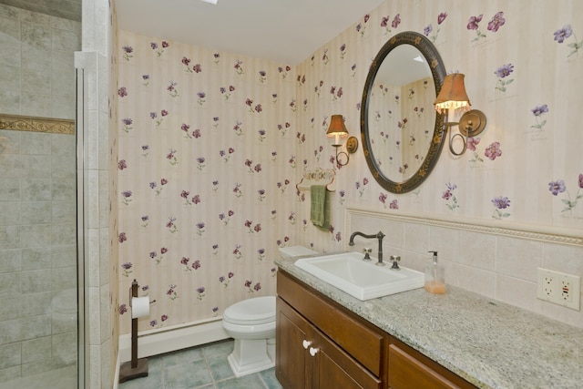 317 Turnpike Rd, Somers, CT 06071 - bathroom with wallpapered walls, a tile shower, vanity, tile patterned flooring, and baseboard heating