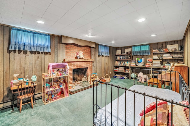 343 Steiner St, Fairfield, CT 06825 - living room with carpet flooring, wood walls, and a fireplace