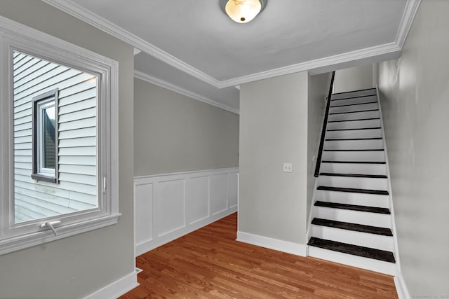 189 High Top Cir W Unit 189, Hamden, CT 06514 - staircase featuring ornamental molding, wood finished floors, and a wainscoted wall