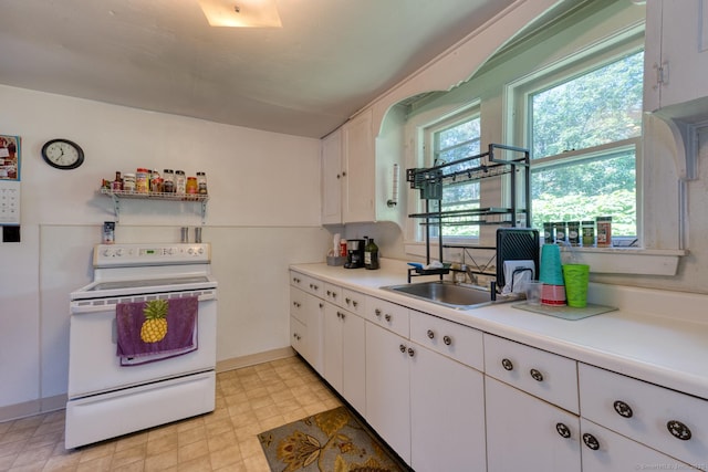 63 Fox Trl, Coventry, CT 06238 - kitchen with electric stove, white cabinetry, light countertops, and light floors