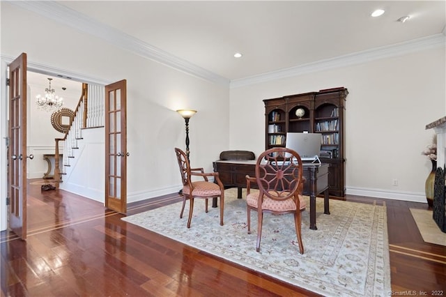 275 Chestnut Grv, Guilford, CT 06437 - dining space featuring french doors, wood finished floors, crown molding, stairway, and a chandelier