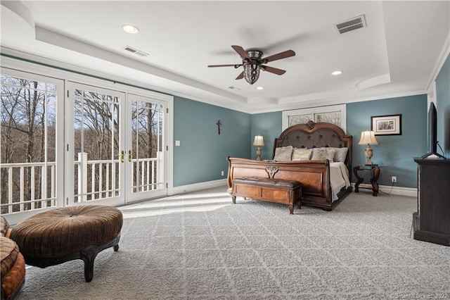 275 Chestnut Grv, Guilford, CT 06437 - carpeted bedroom featuring a tray ceiling, access to outside, recessed lighting, and a ceiling fan
