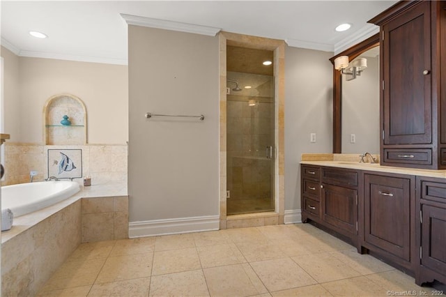 275 Chestnut Grv, Guilford, CT 06437 - bathroom with ornamental molding, vanity, a shower stall, a bath, and tile patterned flooring