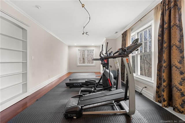 275 Chestnut Grv, Guilford, CT 06437 - exercise area featuring plenty of natural light, crown molding, built in features, and wood finished floors
