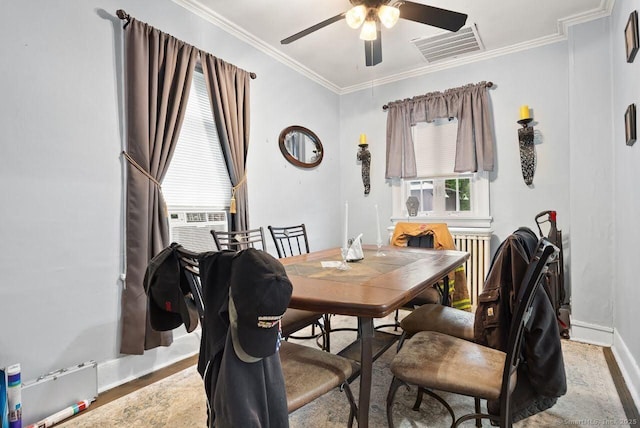 114 Prospect St, Norwich, CT 06360 - dining area featuring ornamental molding, ceiling fan, cooling unit, and wood finished floors