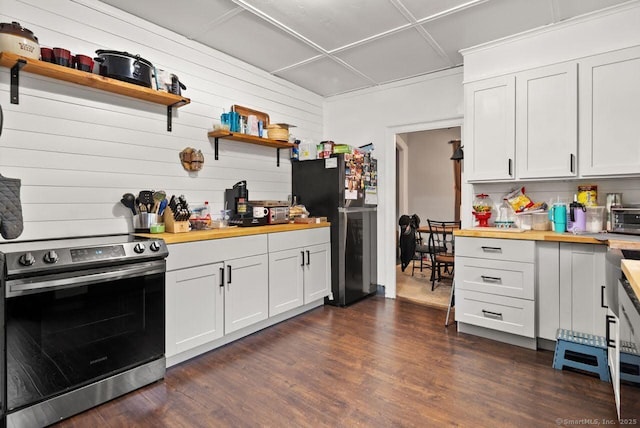 114 Prospect St, Norwich, CT 06360 - kitchen featuring stainless steel appliances, wooden counters, open shelves, and dark wood-style floors