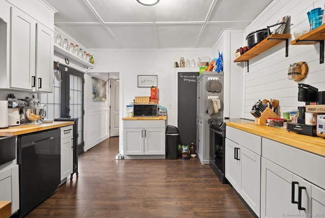 114 Prospect St, Norwich, CT 06360 - kitchen with open shelves, wooden counters, dishwashing machine, dark wood-style floors, and black microwave
