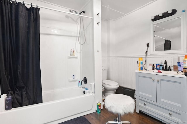 114 Prospect St, Norwich, CT 06360 - bathroom featuring a wainscoted wall, vanity, shower / bathtub combination with curtain, and wood finished floors