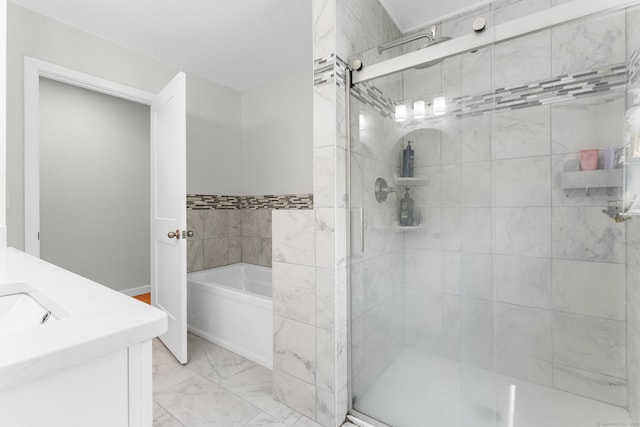 2 Sabrinas Ct, Norwich, CT 06360 - full bath with a stall shower, a bath, vanity, and marble look tile flooring