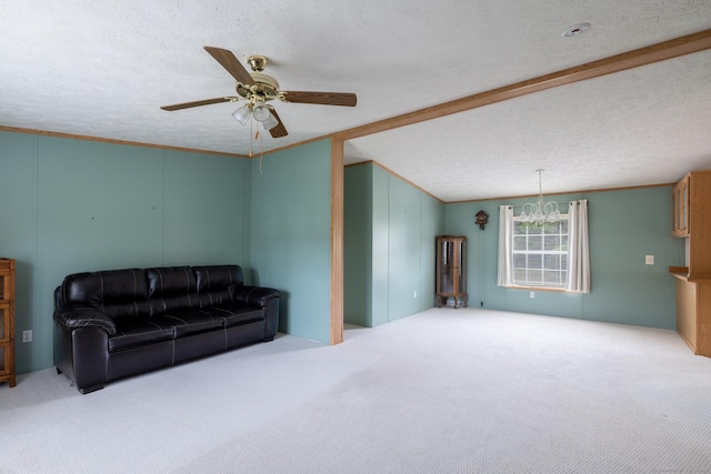 8 Haley Ln, Windham, CT 06256 - carpeted living area featuring a textured ceiling, ceiling fan, and lofted ceiling