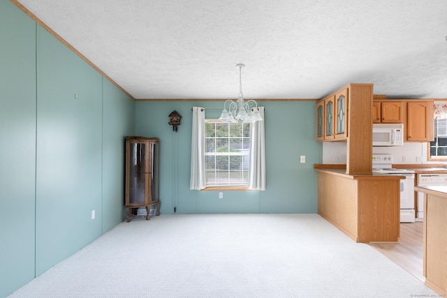 8 Haley Ln, Windham, CT 06256 - kitchen with white appliances, a chandelier, glass insert cabinets, healthy amount of natural light, and a textured ceiling