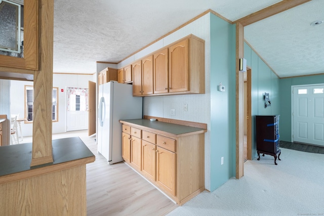 8 Haley Ln, Windham, CT 06256 - kitchen featuring a textured ceiling, freestanding refrigerator, crown molding, light brown cabinets, and light wood-style flooring