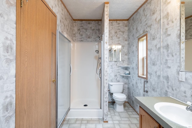 8 Haley Ln, Windham, CT 06256 - bathroom with a shower stall, crown molding, vanity, wallpapered walls, and a textured ceiling