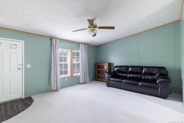 8 Haley Ln, Windham, CT 06256 - carpeted living area featuring crown molding, a ceiling fan, and a textured ceiling