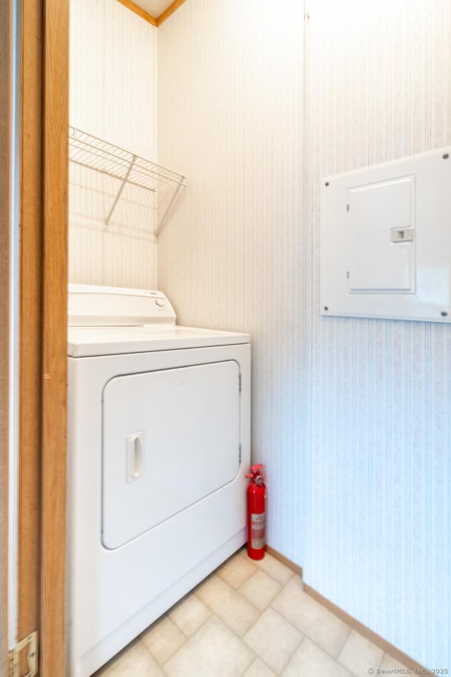 8 Haley Ln, Windham, CT 06256 - laundry room featuring washer / dryer, wallpapered walls, and electric panel
