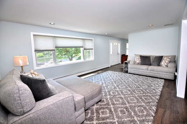 503 Mulberry St, Southington, CT 06479 - living room with a baseboard radiator, wood finished floors, and recessed lighting