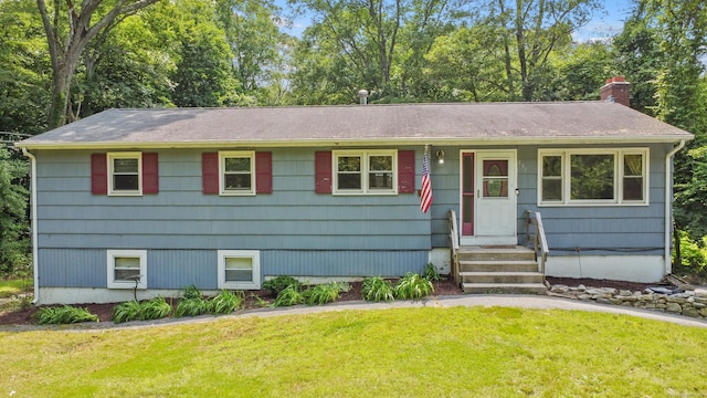 837 Long Cove Rd, Ledyard, CT 06335 - view of front of home featuring a chimney, a front yard, and roof with shingles