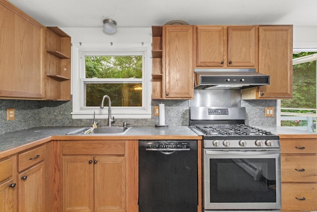 837 Long Cove Rd, Ledyard, CT 06335 - kitchen with open shelves, dishwasher, gas range, exhaust hood, and decorative backsplash