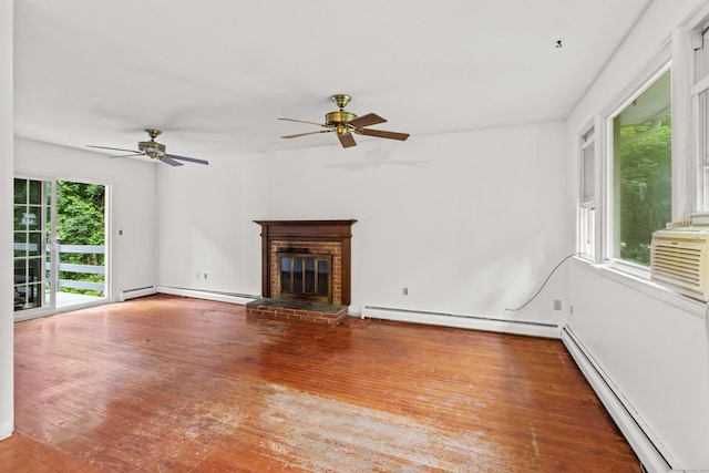 837 Long Cove Rd, Ledyard, CT 06335 - unfurnished living room featuring a baseboard radiator, a baseboard heating unit, wood finished floors, and ceiling fan