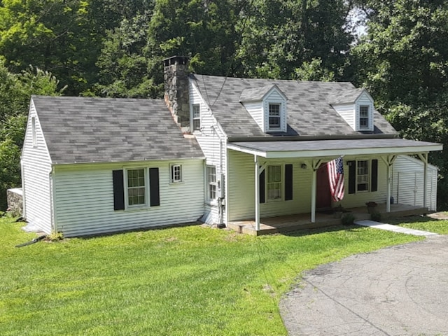 67 Hanover Rd, Newtown, CT 06470 - cape cod-style house with a chimney, a front lawn, covered porch, a carport, and roof with shingles