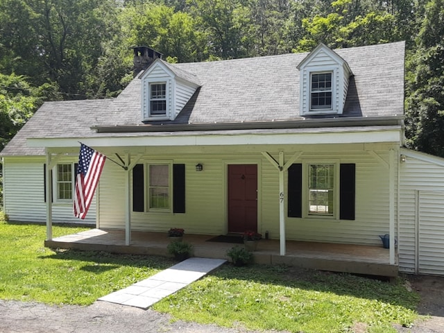 67 Hanover Rd, Newtown, CT 06470 - cape cod home featuring a porch, a front yard, a chimney, and roof with shingles