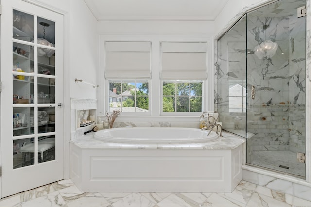 336 Ocean Dr W, Stamford, CT 06902 - full bathroom featuring a bath, a marble finish shower, marble finish floors, and ornamental molding