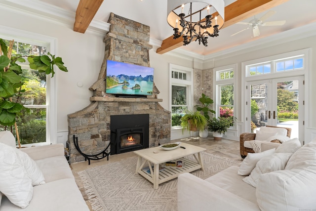 336 Ocean Dr W, Stamford, CT 06902 - living area featuring beam ceiling, crown molding, a stone fireplace, a chandelier, and ceiling fan