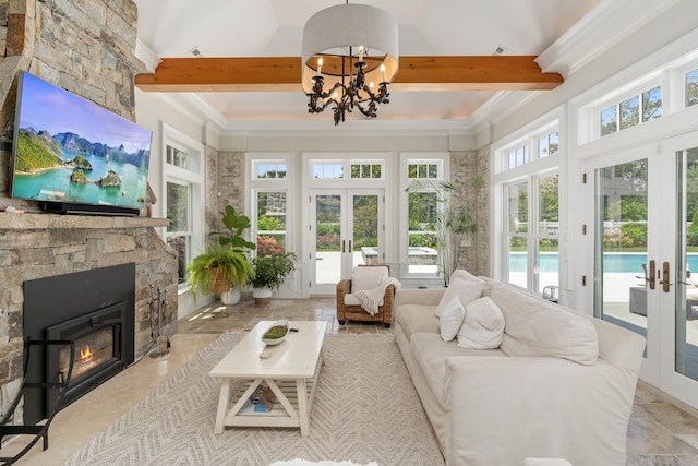 336 Ocean Dr W, Stamford, CT 06902 - sunroom / solarium featuring french doors, a chandelier, and beamed ceiling