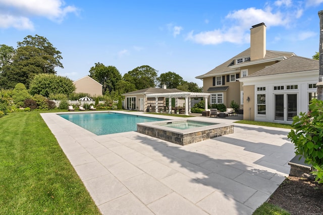 336 Ocean Dr W, Stamford, CT 06902 - swimming pool with a pergola, french doors, an in-ground hot tub, a patio area, and a lawn
