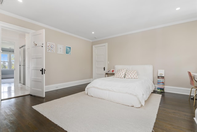 336 Ocean Dr W, Stamford, CT 06902 - bedroom featuring ornamental molding, recessed lighting, and dark wood-style floors