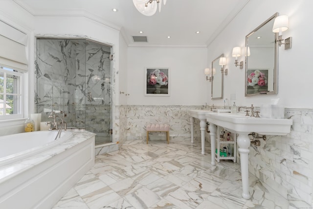 336 Ocean Dr W, Stamford, CT 06902 - bathroom with tile walls, a bath, a marble finish shower, crown molding, and a wainscoted wall