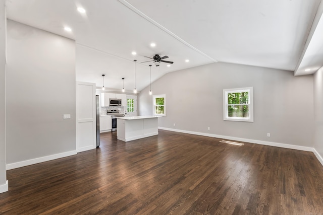 33 Williams Rd, Monroe, CT 06468 - unfurnished living room featuring ceiling fan, plenty of natural light, vaulted ceiling, dark wood-style floors, and recessed lighting