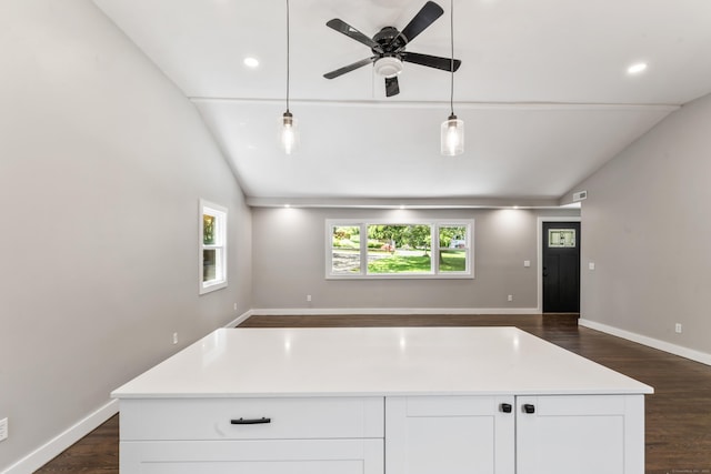 33 Williams Rd, Monroe, CT 06468 - kitchen with vaulted ceiling, open floor plan, white cabinetry, dark wood-style flooring, and a ceiling fan