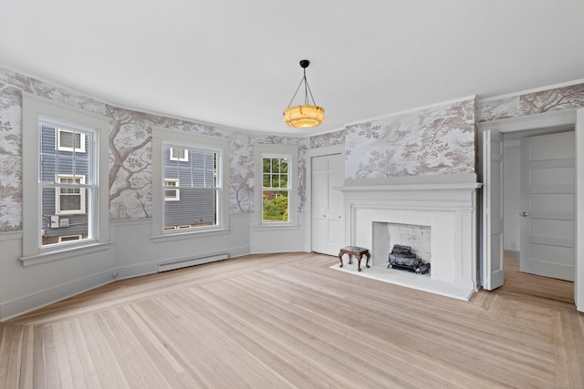 119 Westwood Rd, New Haven, CT 06515 - unfurnished living room featuring a baseboard heating unit, wallpapered walls, a fireplace, wainscoting, and wood finished floors