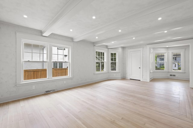 119 Westwood Rd, New Haven, CT 06515 - unfurnished room with light wood-style flooring, beamed ceiling, recessed lighting, and ornamental molding