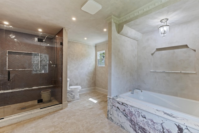119 Westwood Rd, New Haven, CT 06515 - full bath featuring a bath, a stall shower, crown molding, and recessed lighting