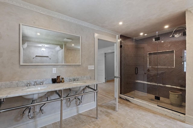 119 Westwood Rd, New Haven, CT 06515 - bathroom featuring a shower stall, crown molding, recessed lighting, and double vanity