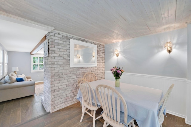 268 Hattertown Rd, Monroe, CT 06468 - dining space featuring wood finished floors, wainscoting, wood ceiling, and brick wall