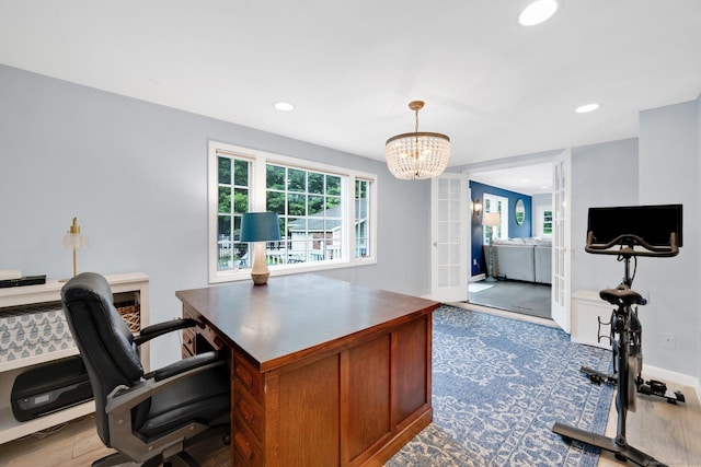 268 Hattertown Rd, Monroe, CT 06468 - office area with dark wood-type flooring, french doors, a chandelier, and recessed lighting