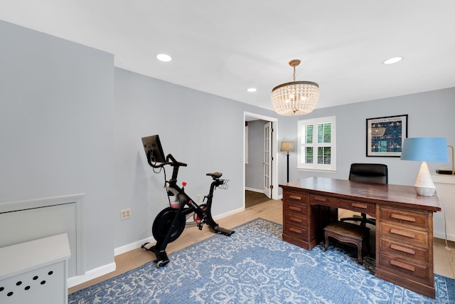268 Hattertown Rd, Monroe, CT 06468 - home office with light wood-style flooring, a chandelier, and recessed lighting