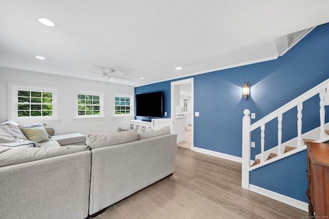 268 Hattertown Rd, Monroe, CT 06468 - living room with a ceiling fan, wood finished floors, stairs, and recessed lighting