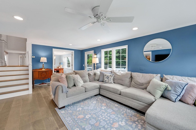 268 Hattertown Rd, Monroe, CT 06468 - living room with a ceiling fan, wood finished floors, recessed lighting, and stairs