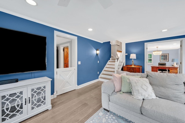 268 Hattertown Rd, Monroe, CT 06468 - living area featuring stairs, wood finished floors, recessed lighting, an office area, and crown molding